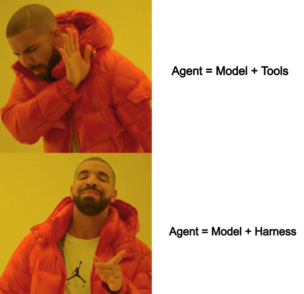 Drake meme: rejecting "Agent = Model + Tools" and approving "Agent = Model + Harness"